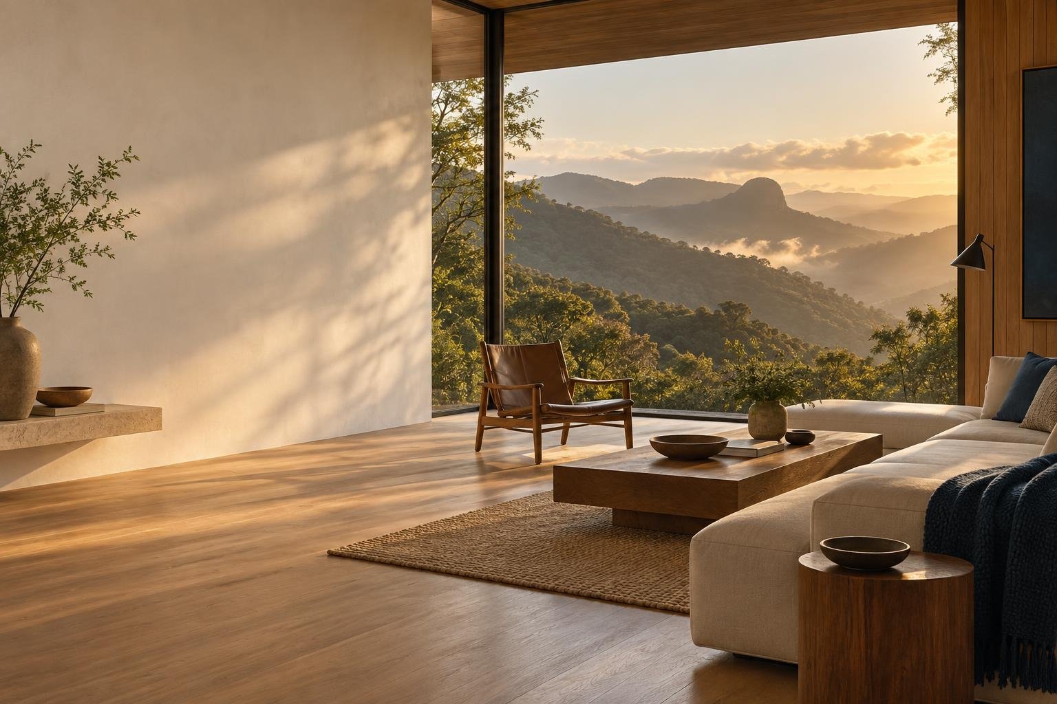 Interior de uma casa de alto padrão com janela ampla para a serra