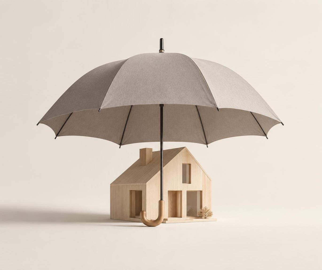 Maquete de uma casa protegida por um guarda-chuva